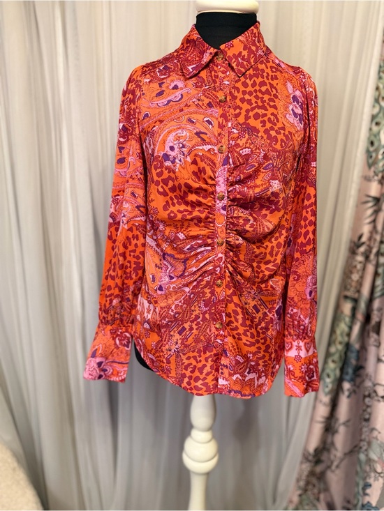Free People Tops - Free People XS Orange Paisley Leopard Ruched Button Down Blouse Boho